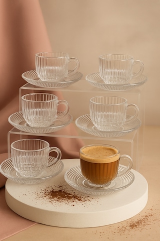 Elta Collection Cam Espresso & Türk Kahvesi Fincanı Seti 6 Kişilik Lüks Desenli Cam Bardak Takımı Çizgili Şeffaf