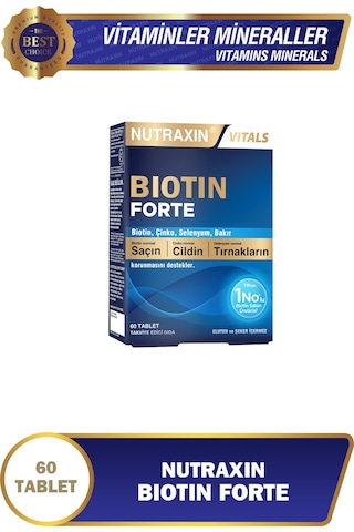 Nutraxin Biotin Forte 5.000 Mcg 60 Tbl - Biyotin, Çinko, Selenyum, Bakır Saç ve Tırnak Vitamini