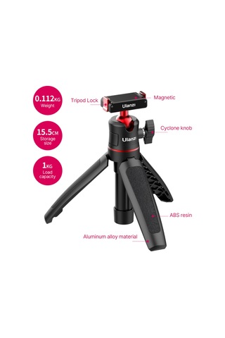 Ulanzi Mt-50 Taşınabilir Selfie Çubuğu Tripod Standı 360 Dönebilen Ballhead İle Manyetik Hızlı Çıkarma 3 Bölümlü Uzatılabilir Tüp Maksimum Yükseklik 25,5 Cm/ 10 İnç Djı Action 2 Kamera İçin Yedek Siyah