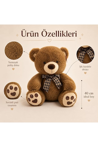 40 Cm Kurdeleli Pelüş Ayı, 3 Asorti Renk, Yumuşak Oyuncak Ve Hediyelik Sevimli Ayıcık Pjh16564-40cm Açık Kahve Genel