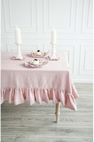 Buldan Keten Fırfırlı Vintage Pastel Pembe Masa Örtüsü