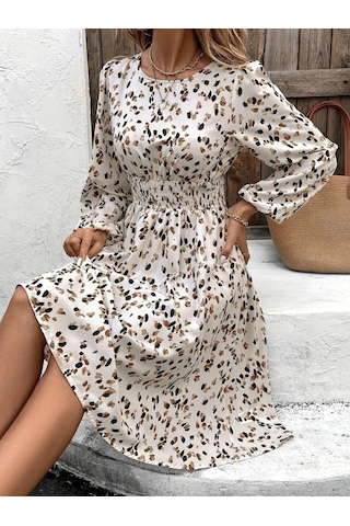 Veraura Lifestyle Kadın Uzun Kollu Bot Yaka Beli Lastikli Midi Süprem Elbise Bej