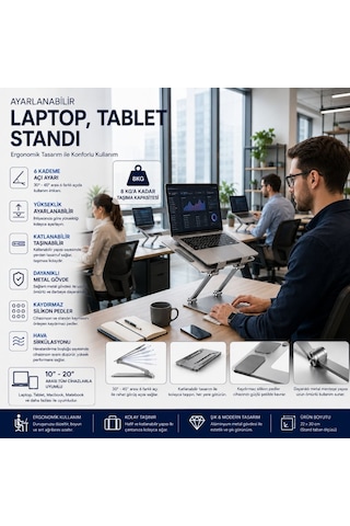 Schitec Metal Ayarlanabilir Laptop,tablet,Macbook Uyumlu,matebook Yükseltici Katlanabilir Stand Tutucu Gri