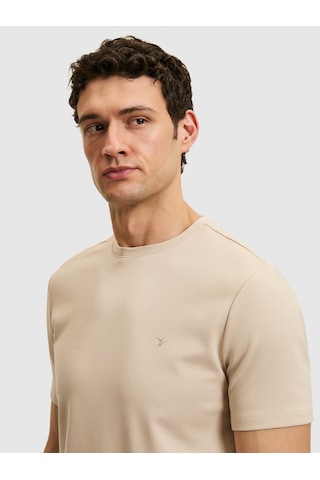 Bej Slim Fit Modal Karışımlı Bisiklet Yaka Basic T-shirt