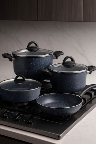 7 Parça Almeria Gri Granit Dik Tencere Ve Tava Seti 20 Cm 2.5l, 24 Cm 4.5l, 26 Cm 3l, 26 Cm Tava Lacivert