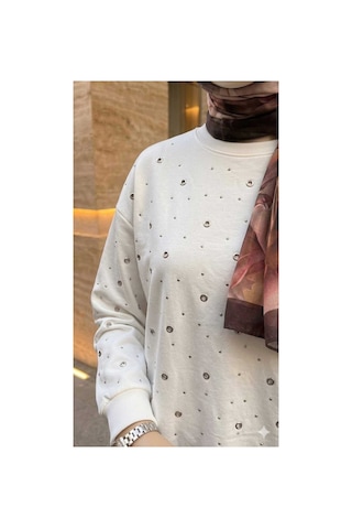 Butik Kadın Taş İşlemeli Gunlük Tesettür Sweatshirt Tunik Beyaz Tesettür Sweatshirt Beyaz Tesettür Sweatshirt