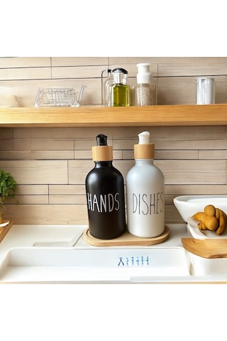 Brokoli Home 2 Adet Siyah Beyaz Dekoratif Mutfak Banyo Sıvı Cam Sabunluk Seti Bambu Stantlı Set Diğer