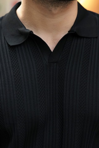 Madmext Siyah Polo Yaka Desenli Over Fit Erkek Triko Kazak E7517
