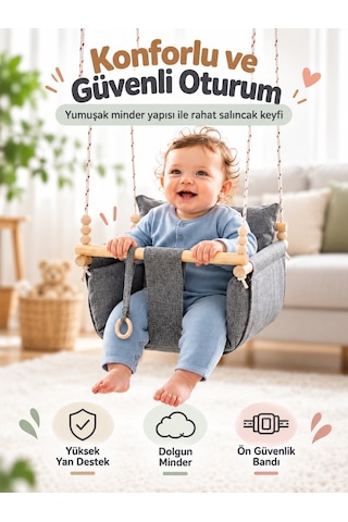 Ahşap Çocuk & Bebek Salıncağı Gri Renk Minder Yastık Ve Diş Halkalı Tavan Salıncak
