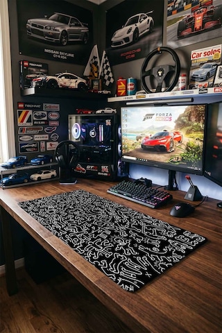 Siyah Beyaz Doodle Figürler 40x90 Cm Oyuncu Mousepad Kaymaz Taban Büyük Boy Mousepad