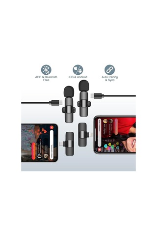 Kablosuz Tüylü Siyah Yaka Mikrofonu Type-c Ve İos Uyumlu Bluetooth 5.0 2 Li Set Siyah Siyah
