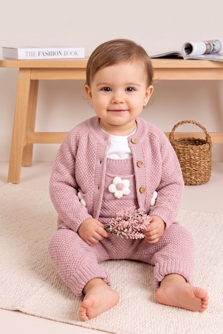 Babymod Yumuşak Dokulu Triko Hırkalı Kız Bebek Örgü Salopet Tulum Set Gülkurusu