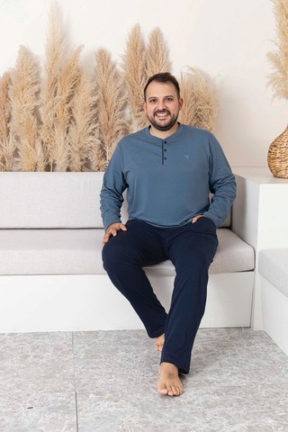 Erkek Füme Lacivert Büyük Beden 3 Düğmeli %100 Pamuk Mevsimlik Uzun Kol Cepli Pijama Takımı Füme