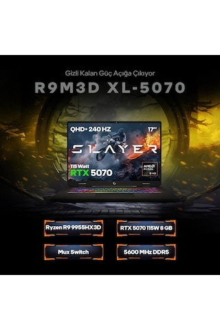 Game Garaj Slayer R9M3D XL-5070-C2 R9-9955hX3D 32 GB 1 TB SSD RTX5070 17" Free Dos Dizüstü Bilgisayar