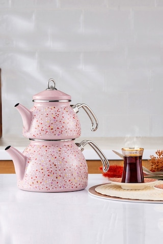 Karaca Emaye Midi Terazzo Pembe Çaydanlık Takımı