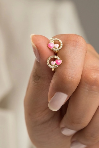 Çgk Çiğdem Gürel Kuyumculuk Pembe Kalpli Taşlı Çocuk Küpesi Sevimli Kız Çocuk Küpe Modeli Gold