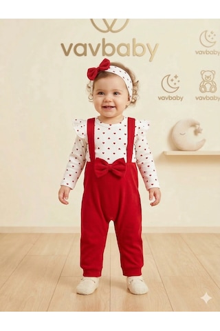Kız Bebek Kalp Desenli Fırfırlı Body Ve Kırmızı Fiyonklu Salopet Tulum Ve Bandana Seti Çok Renkli
