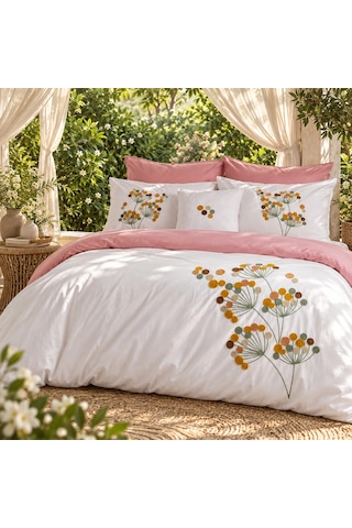 Azalea Nakışlı 7 Parça Çift Kişilik Nevresim Takımı Pudra-beyaz