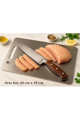 Paslanmaz Çelik Antibakteriyel Kesme Tahtası 304 Kalite - Orta Boy 20x30 Cm Gri
