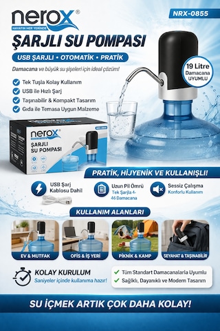 Nerox Şarjlı Su Pompası Nrx-0855 Usb Şarjlı Damacana Su Pompası Otomatik Su Sebili Aparatı Açık Mavi