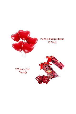 25 Kalp Balon + 700 Kuru Gül Kalpli Balon ve Gül Yaprakları