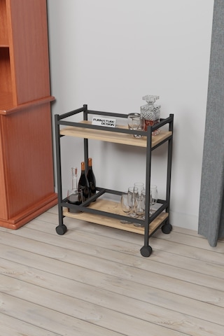 Servis Arabası Ev Tipi 2 Katlı Şişe Bölmeli Servant Atlantik Çam