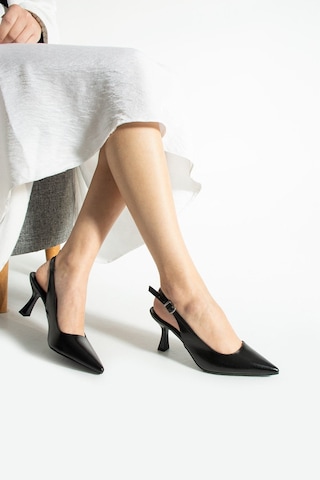 Dabab Shoes Amıle Kadın Siyah 7 Cm Topuklu Bilekten Bantlı Arkası Açık Tokalı Sivri Burun Ayakkabı
