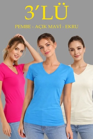 Valensdesign 3lü V Yaka Tişört Kısa Kollu Yazlık Slim Fit Body - Pembe, Açık Mavi, Ekru Çok Renkli