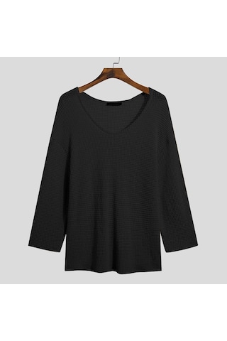 Siyah İncerun Bahar Erkek Uzun Kollu Salaş V Yaka Üstler Siyah