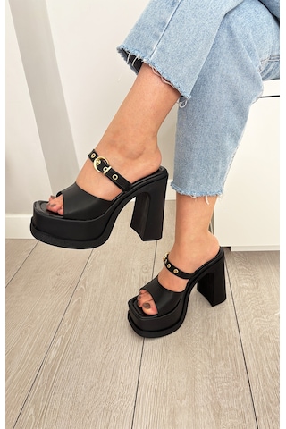 Asmi Shoes Kadın Soha Siyah Toka Detaylı 12 Cm Ortopedik Platform Topuklu Terlik Siyah Siyah