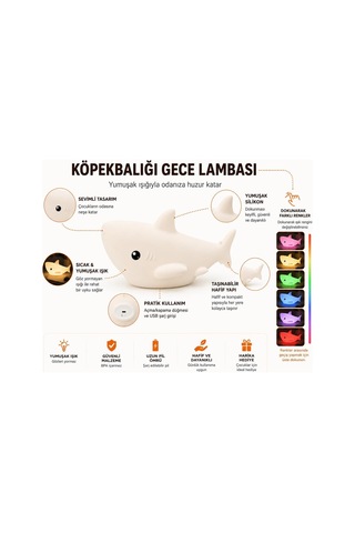 Köpekbalığı Gece Lambası Rgb Led Şarjlı Masa Lambası, Puf Dokunmatik Renk Değiştiren Silikon Çocuk Gece Lambası, Usb Şarjlı Bebek Uyku Işığı,hayvan Figürlü Oda Lambası Diğer