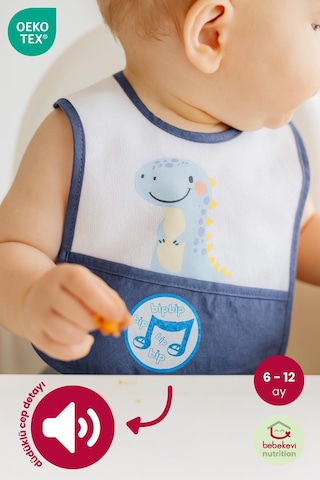 Düdüklü Cepli Sıvama Mama Önlüğü - Smiling Dino Mavi Bebek Önlüğü Koyu Mavi