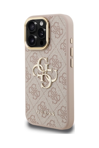 Apple iPhone 16 Pro Max Uyumlu Kılıf Guess Lisanslı Metal 4g Ve Yazı Logolu Kamera Standlı Kapak Pembe