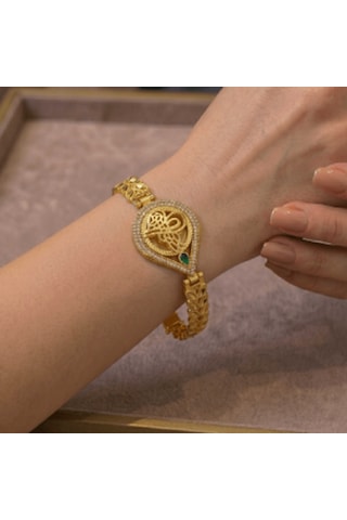 Altın Kaplama Tug Ra Motifli Tas Lı Bileklik Gold