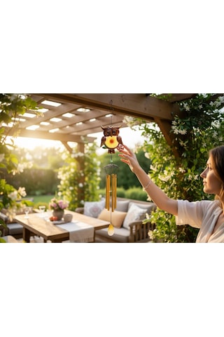 Feng Shui Baykuş Tasarımlı Cam İşlemeli Rüzgar Çanı Bahçe Balkon Dekorasyon Ürünü Yeni Ev Hediyesi 40 Cm 20047016