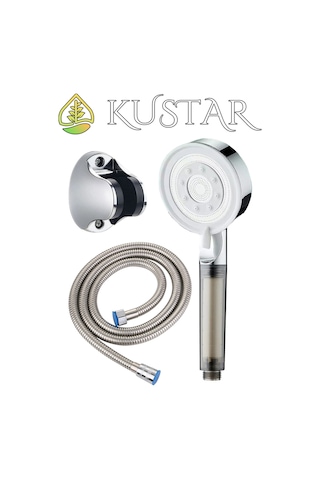 Kustar 3'lü Krom Çelik Duş Seti Filtreli 5 Fonksiyonlu Duş Başlığı El Duşu 150cm Duş Hortumu Ve Duş Askı Gri