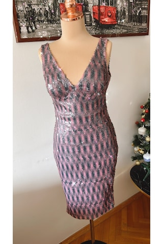 Chica Rosa Fashion Renkli Pullu V Yaka Midi Elbise Pembe - Siyah