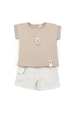 Bebek Kısa Kollu Tişört Ve Pantolon Takımı, %100 Pamuk, Bebek Ve Yenidoğan Serisi - Csym7103 Vizon