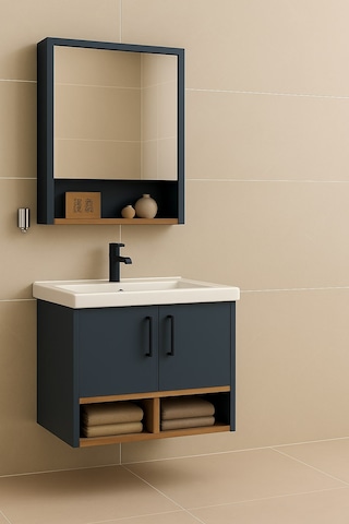 Dmz Home Concept Legna 65 Cm Banyo Dolabı Takımı Antrasit & Ahşap Mdf Seramik Lavabolu Alt Ve Üst Dolaplı