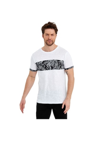 Bisiklet Yaka Kısa Kollu Desenli Penye Erkek Tshirt Beyaz