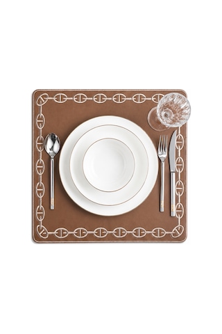 Nakışlı Deri Amerikan Servis 2'li Set Çift Taraflı Kare Supla 40x40 Cm Raya Kahve Gold Koyu Kahve