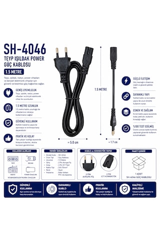 Sh-4046 C7 Teyp Işıldak Power Güç Kablosu 1.5 Metre 1.5 M
