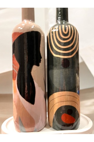 El Yapımı Dekoratif Minimalist Afro Kadın Ve Geometrik Desenli Yağdanlık Seti, Sosluk, Sirkelik, Mut Füme