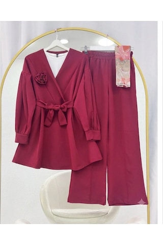 Lovie Moda Gül Detaylı Pantolonlu İkili Takım Bordo