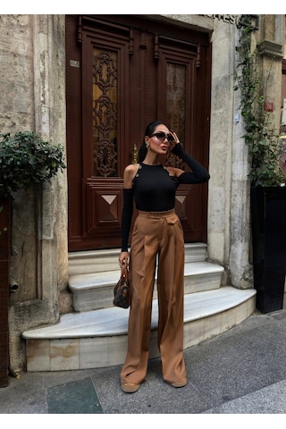 Hazego Üç Düğme Detayli Palazzo Pantolon Kahve