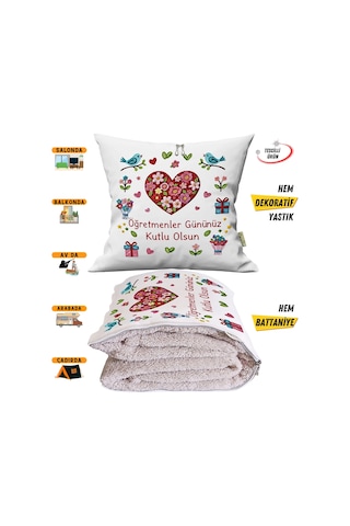 Öğretmenler Günü Hediyesi Nakış Baskılı Tv Battaniyesi Olabilen Dekoratif Yastık Kırlent Battaniye Çok Renkli