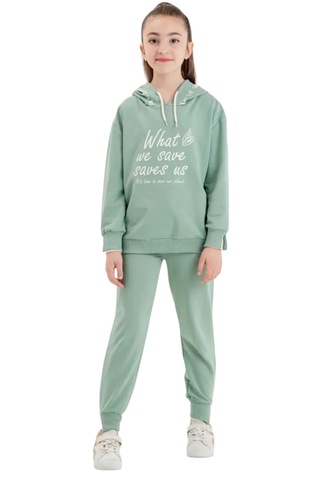 Kız Çocuk What Yazılı Kapüşonlu Mint Yeşili Eşofman Takımı Mint Yeşili