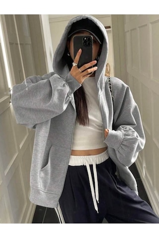 Harmandar Baskısız Kadın Gri Cepli Kapüşonlu Fermuarlı Sweatshirt Hırka Grihirka