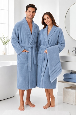 %100 Pamuk Bornoz Seti Unisex Yumuşak Dokulu Yüksek Su Emici Mavi