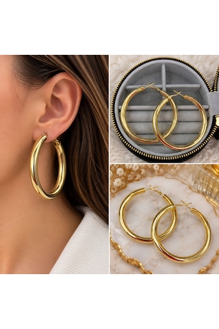Premium Parlak Ve Şık Klasik Gold Renk Büyük Halka 316l Çelik Kadın Küpe Altın